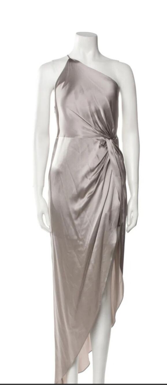 Michelle Mason Silk One Shoulder Dress Size 10 Gray NWT Midi Draped